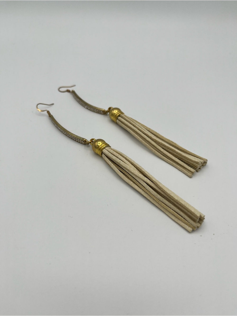 Beige Tassel Drop Earrings with Gold Accents - Women Jewelry